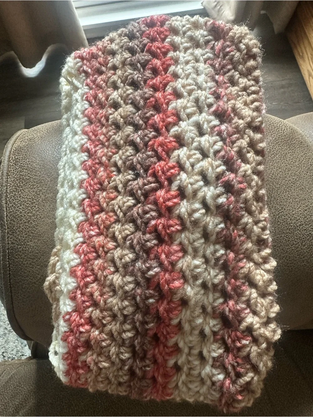 Handmade Crochet Infinity Scarf in Cream, Tan and Coral